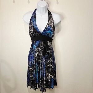 Black and Blue Halter Pleated Dress- Size: M